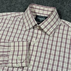 Bonobos Shirt Men 15 Small White Burgundy Plaid Slim Fit Wrinkle Free Stretch